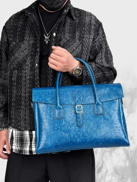 Vintage flower carved leather bag single shoulder briefcase & business satchel