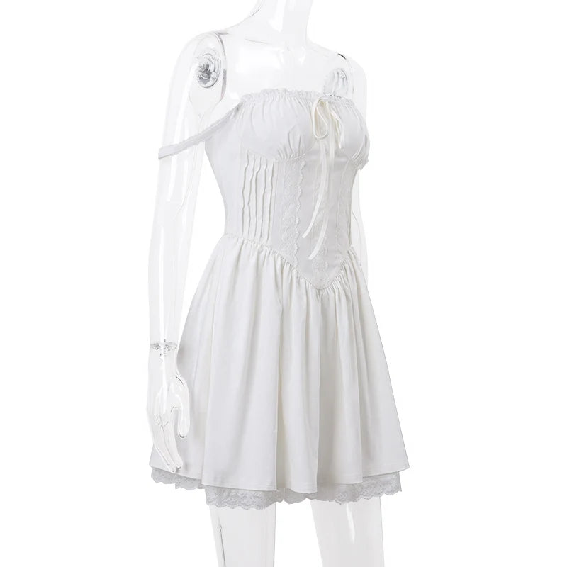 WhereMery Elegant Women Aesthetic  Pleated Mini Dress Y2K White Sleeveless Square-neck Lace-up Off Shoulder Spring Party Dresses