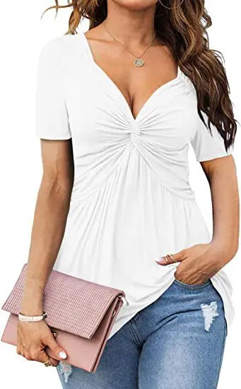 Tricou femei răsucit V-neck mânecă scurtă culoare solidă elegant birou doamnă casual Slim 2025 vară modă tee topuri femme îmbrăcăminte
