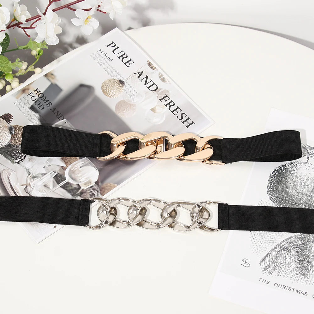 Elastic Women Belt Punk Fashion Women Elastic Belts Gold Silver Metal Chain Waist Strap For Dress Coat Suit Decorative Waistband