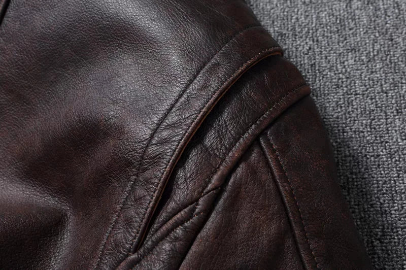 New Men's Genuine Leather Jacket Vintage Stone Milled Top Layer Cowhide Bomber Jacket A2 Brown Men's Calfskin Motorcycle Jacket