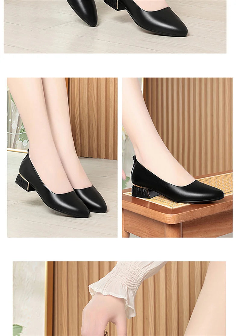 Simple Soft Leather Thick Heel Single Shoes For Women In Summer New Pointed Toe Low Heel White Work Shoes Elegant Comfortable