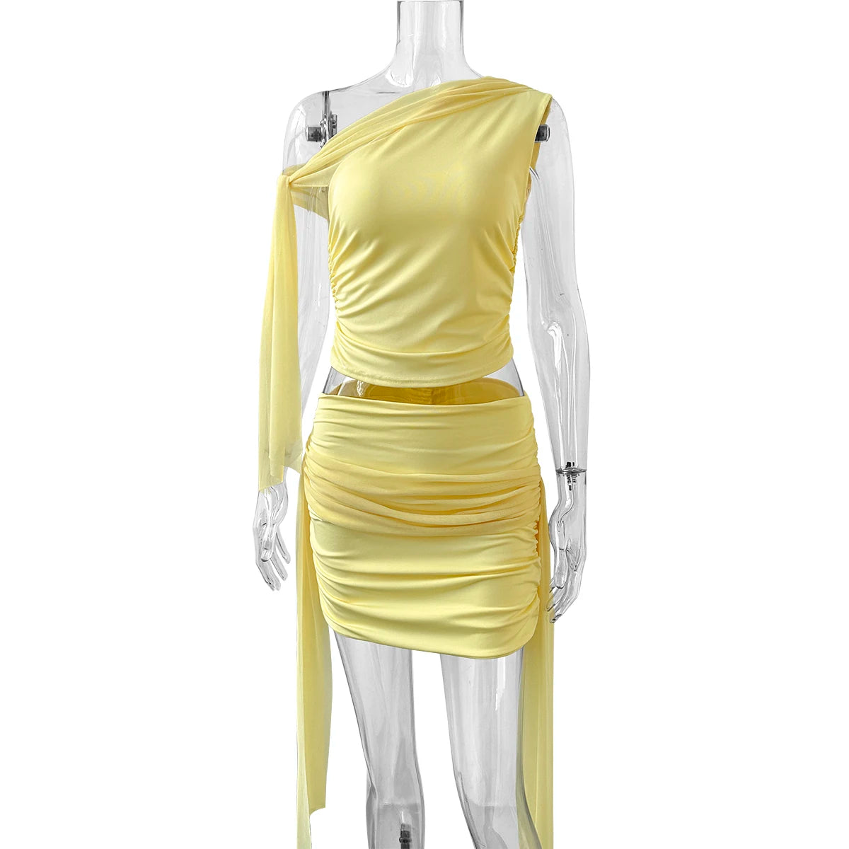 Women's Elegant Temperament Pleated Top and Short Skirt Set, Solid Color Net Sand Diagonal Shoulder Strap, Summer Beach Ou, New