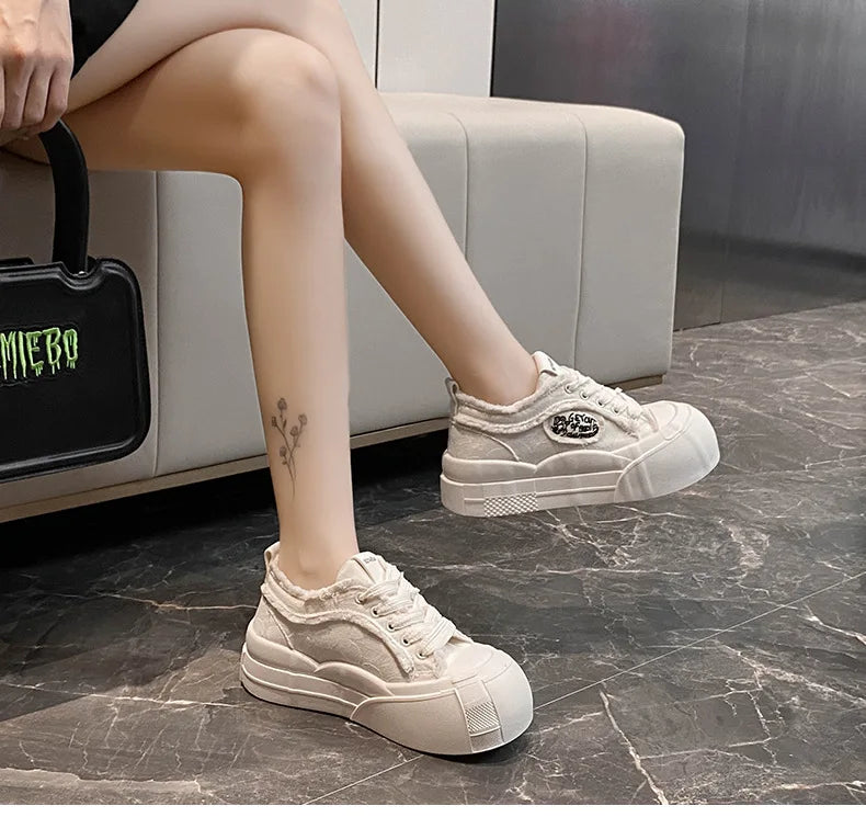 Womens Platform Sneakers White Tennis Shoes Woman Casual Low Top Fashion Chunky Canvas Sneakers 2025 New Spring Summer Trainers