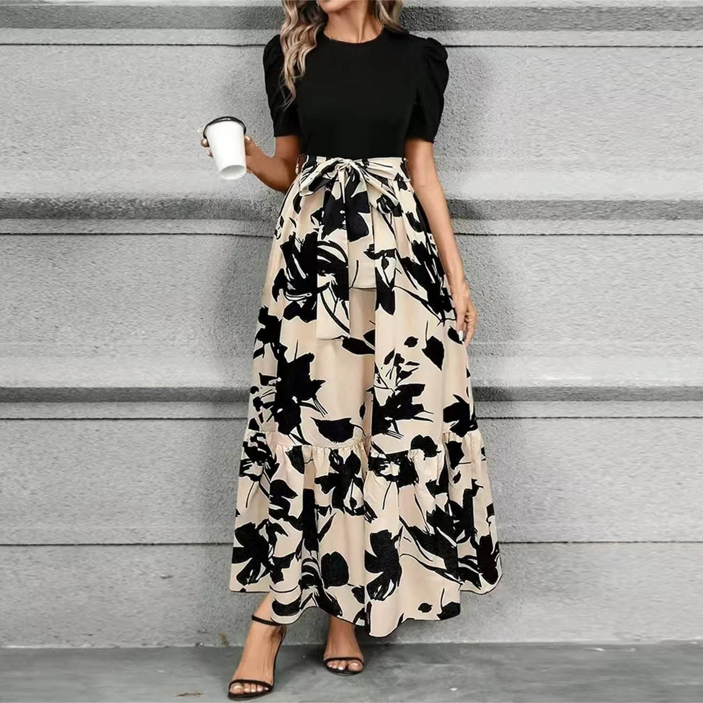 Spring Elegant Dress For Women Bow Tie Waist Cinched Dress A-Lin Flowing Skirt Office Women'S Clothing High Waisted Fashion Dres