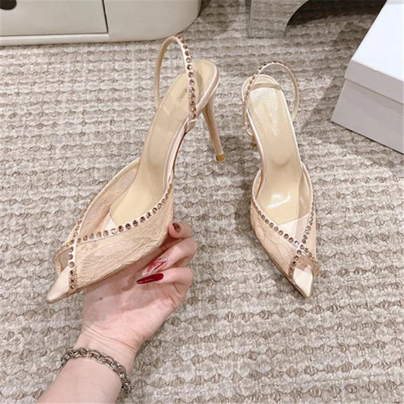 Elegant Women Pointed Toe Rhinestone High Heeled Shoes for Woman's Lace Peep Toe Thin Heels Sandals elegant Ladies Wedding Pumps - Golden Bridge Store