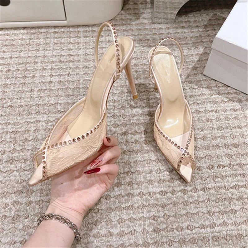 Elegant Women Pointed Toe Rhinestone High Heeled Shoes for Woman's Lace Peep Toe Thin Heels Sandals elegant Ladies Wedding Pumps