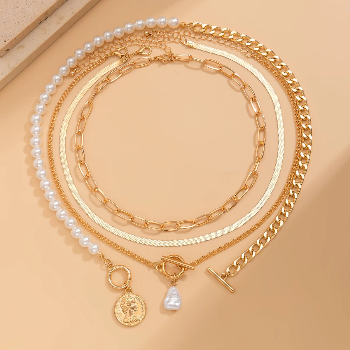 IngeSight.Z Fashion Exquisite Baroque Imitation Pearl Pendant Women's Necklace Multilayer Link Flat Snake Chain Choker Jewelry