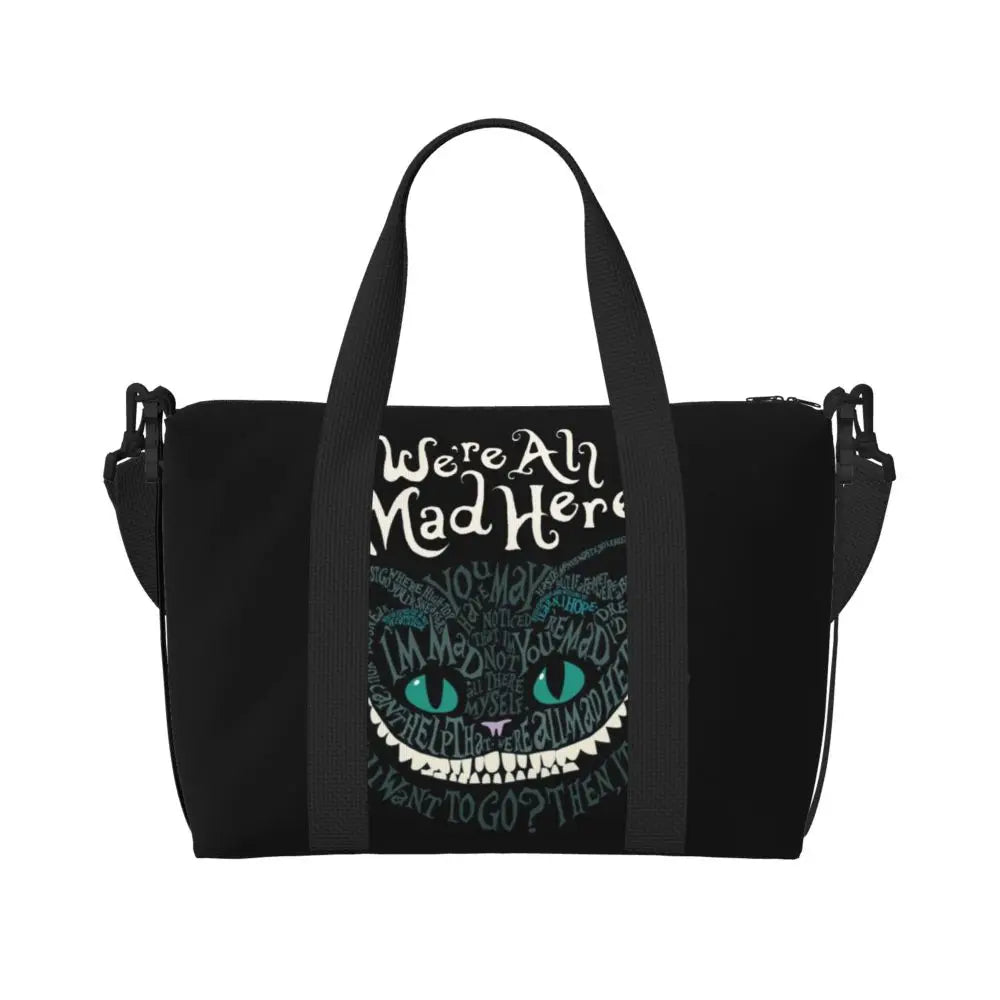 Geantă de plajă personalizată cu pisica Cheshire pentru femei, cu compartiment mare pentru sală și plajă, We're All Mad Here Cat