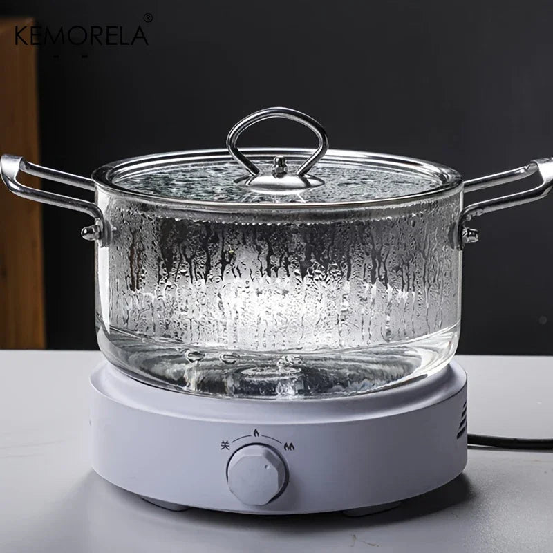 KEMORELA Borosilicate Glass Cooking Pot with Dual Handles 2.5L/3.5L Heat Resistant Simmer Pot with Lid Borosilicate Glassware