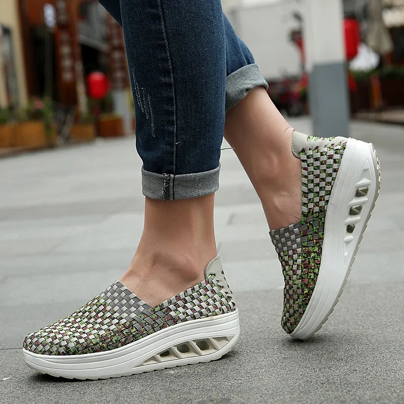 Zapatos De Mujer Sneakers Women's Mixed Color Woven Wedge Rocking Shoes Lightweight Non-slip Breathable Loafers Chaussure Femmes