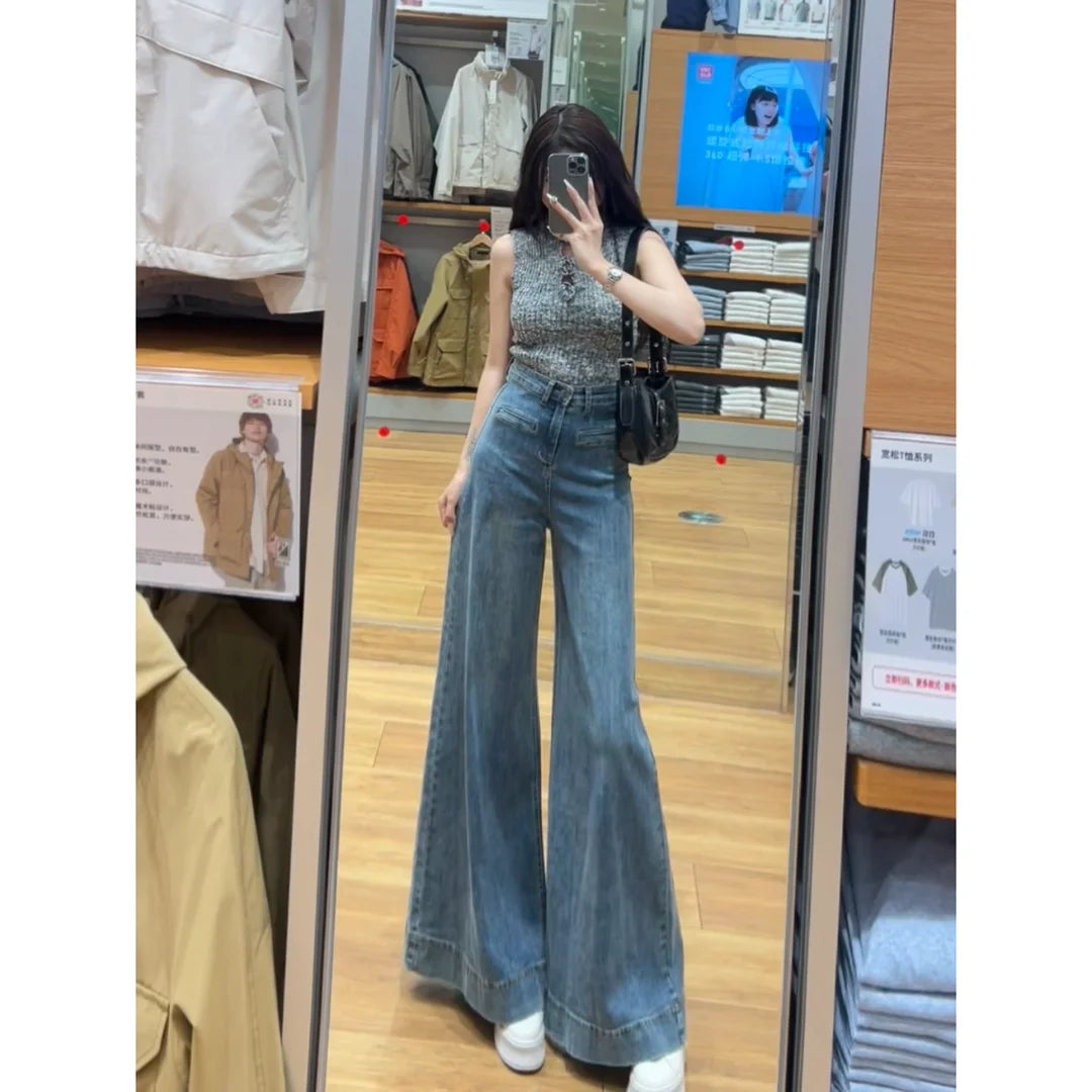 White Jeans with Pant Legs Women 2024 Spring New Temperament Korean Version of High Waist Loose Look Slim Wide Leg Pants Jeans