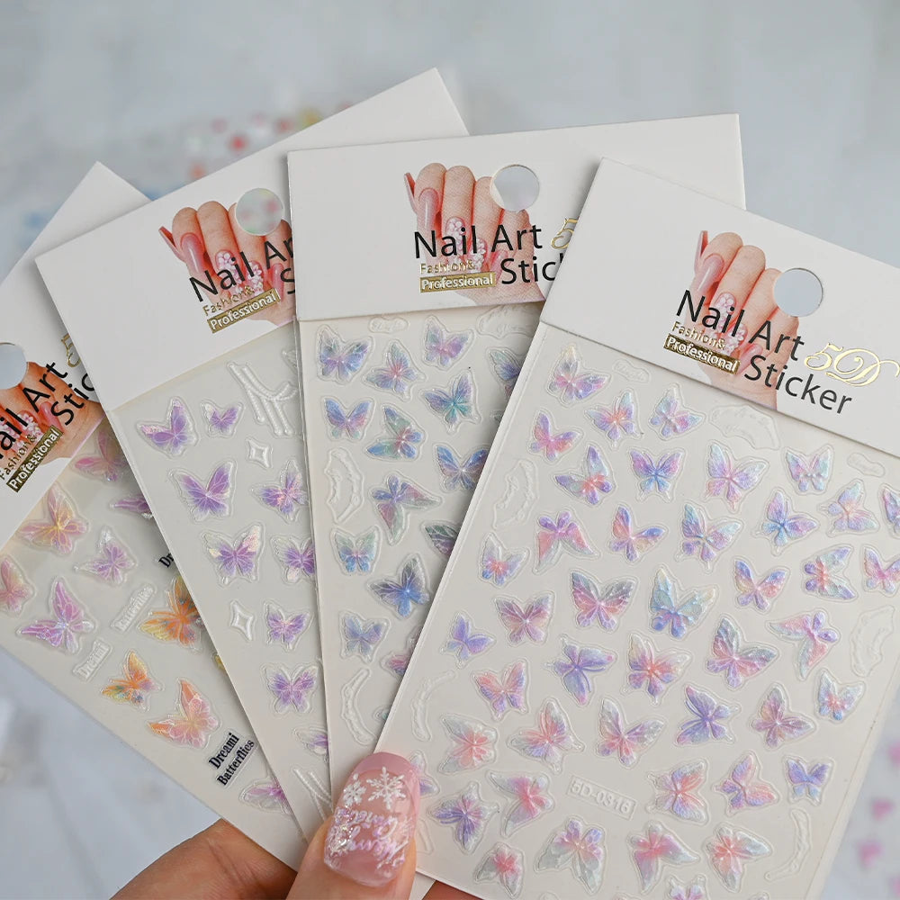 Autocolante roz violet Aurora Shell fluture unghii autocolante strălucitoare cu laser 3D fluturi unghii decalcomanii 8 * 10cm adeziv Aurora Shell fluture N