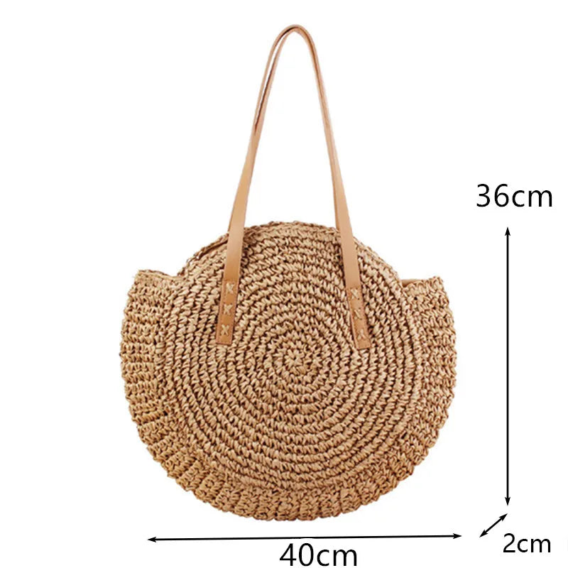 Round Straw Beach Bag Vintage Handmade Woven Shoulder Bag Raffia circle Rattan bags Bohemian Summer Vacation Casual Bags