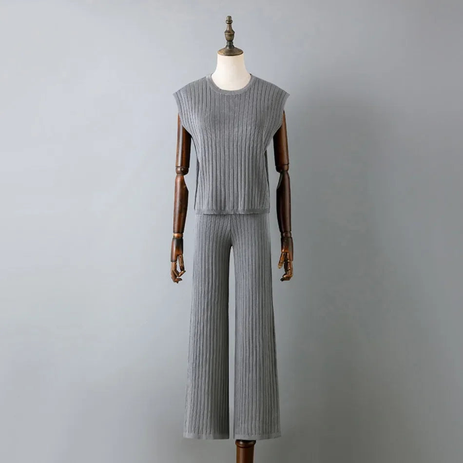 Elegant 2-Piece Sets for Women, Casual Knitting, Sleeveless, O Neck Tops, Loose Lace Up, Wide Leg Pant Set, Summer Fashion, New