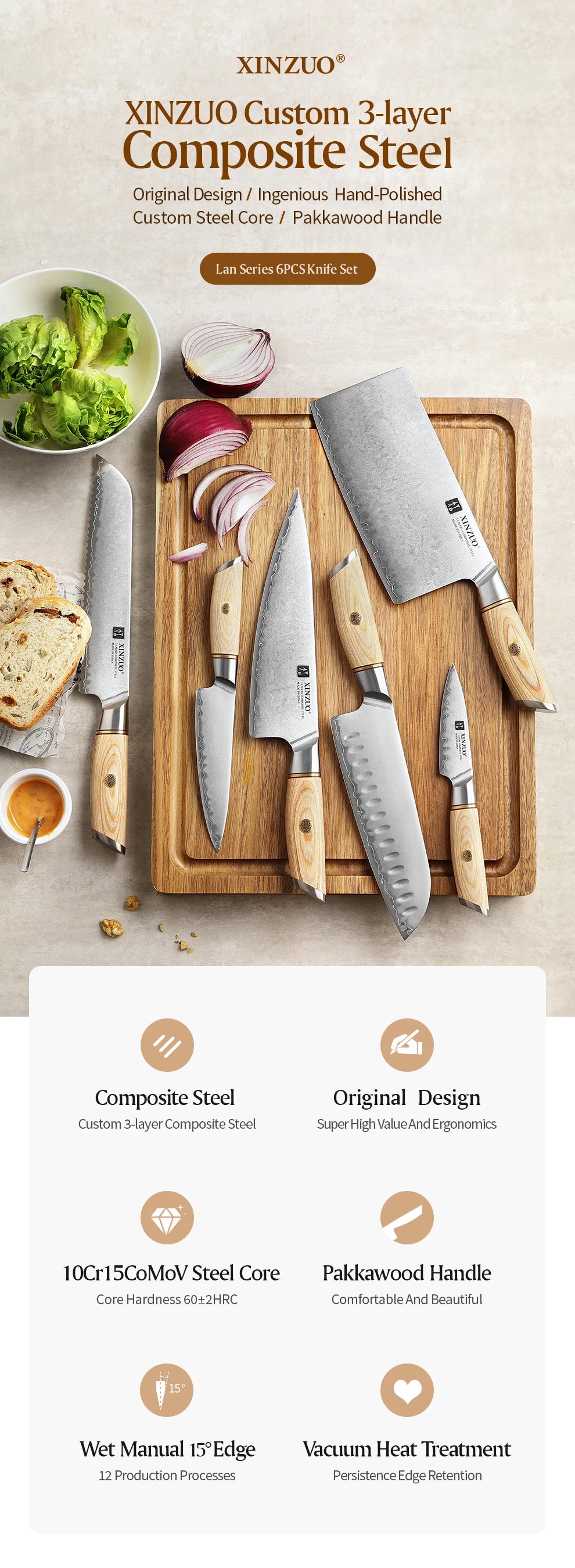 XINZUO 1-6PCS Pro Kitchen Knife Set – 10Cr15CoMoV Steel Core Blades & Japanese Pakkawood Handle for Ultimate Precision