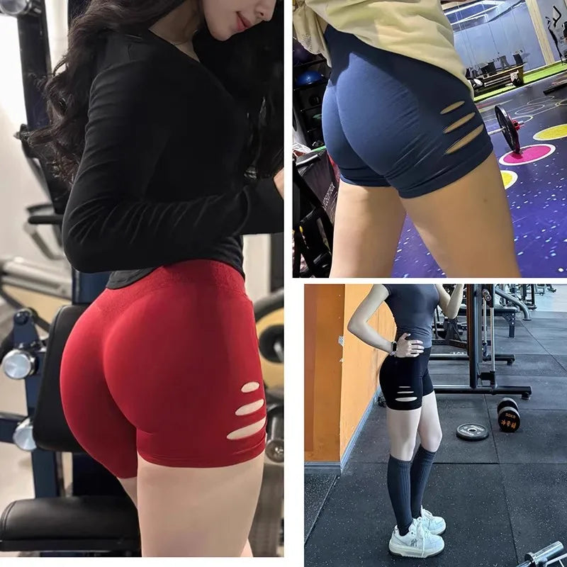 Yoga-Shorts 2025: Damen Yoga Fitness Shorts Peach Hip Lifting Sexy Perforiert - Elastisch Atmungsaktiv Sport Dreiviertel High Waist