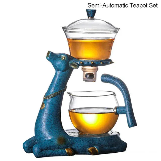 BOZZH-Kungfu Glass Tea Set, Creative Deer Teapot, Magnetic Water Diversion, Tea Infuser, Turkish Drip Pot with Base - Golden Bridge Store