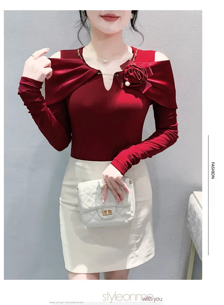 Women T-shirt Fashion T Shirt Cotton Slim Tee For Ladies Autumn Clothing New Long Sleeve Beading V-Neck Tops