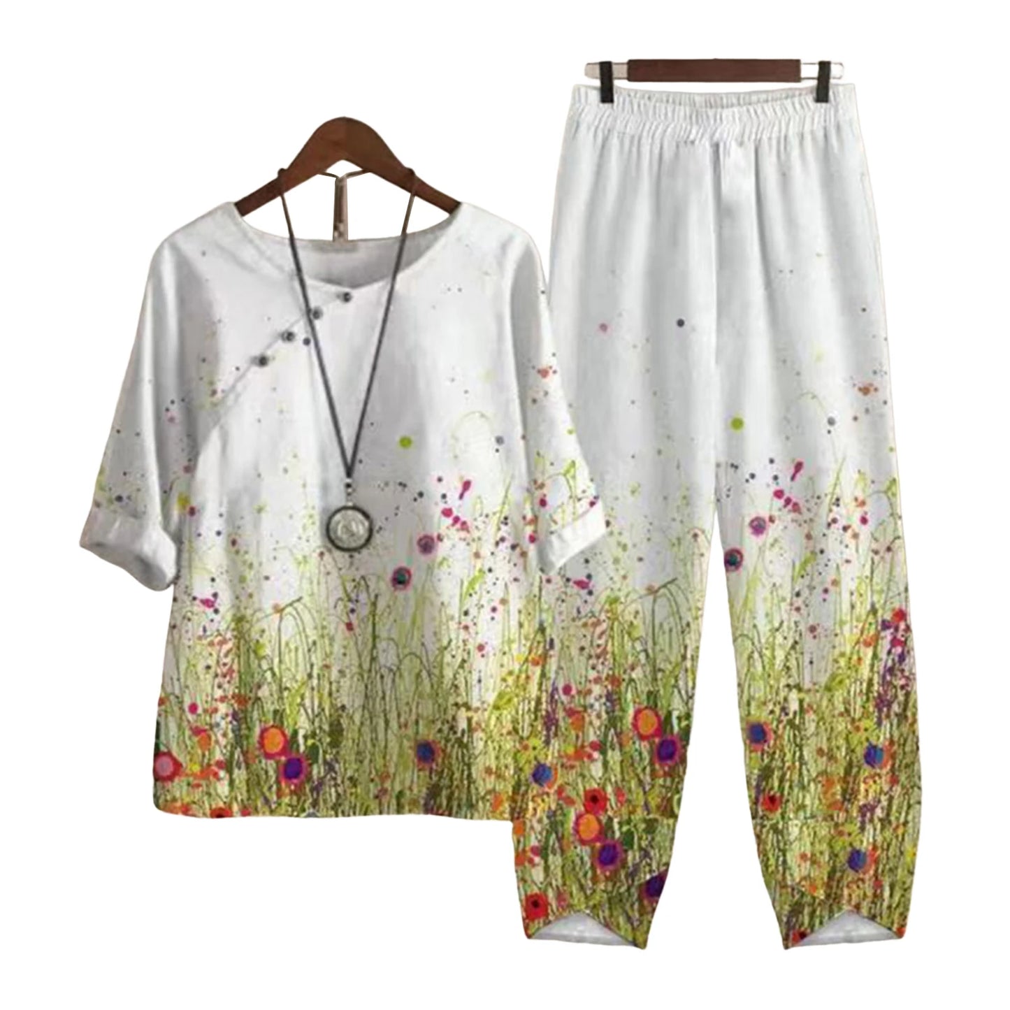 Elegant  Women Outfit Breathable Flower Pattern Blouse Trousers Half Sleeves Soft Blouse Pants Spring Clothes