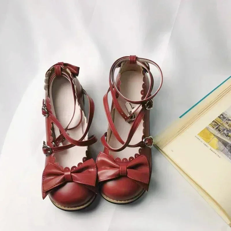 Lolita Schuhe Damen 2025 - Flats Low Round Cross Straps Schleife - Süße Mädchen Prinzessin Tea Party Schuhe Studenten 34-41
