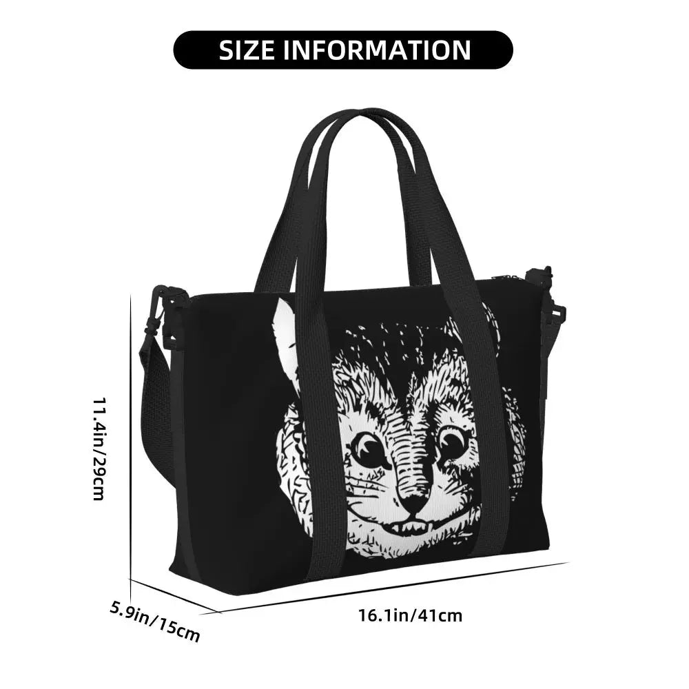 Geantă de plajă personalizată cu pisica Cheshire pentru femei, cu compartiment mare pentru sală și plajă, We're All Mad Here Cat