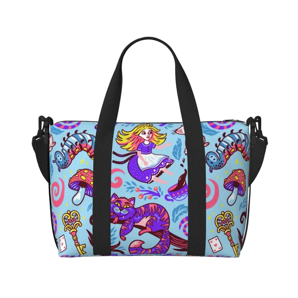 Geantă de plajă personalizată cu pisica Cheshire pentru femei, cu compartiment mare pentru sală și plajă, We're All Mad Here Cat