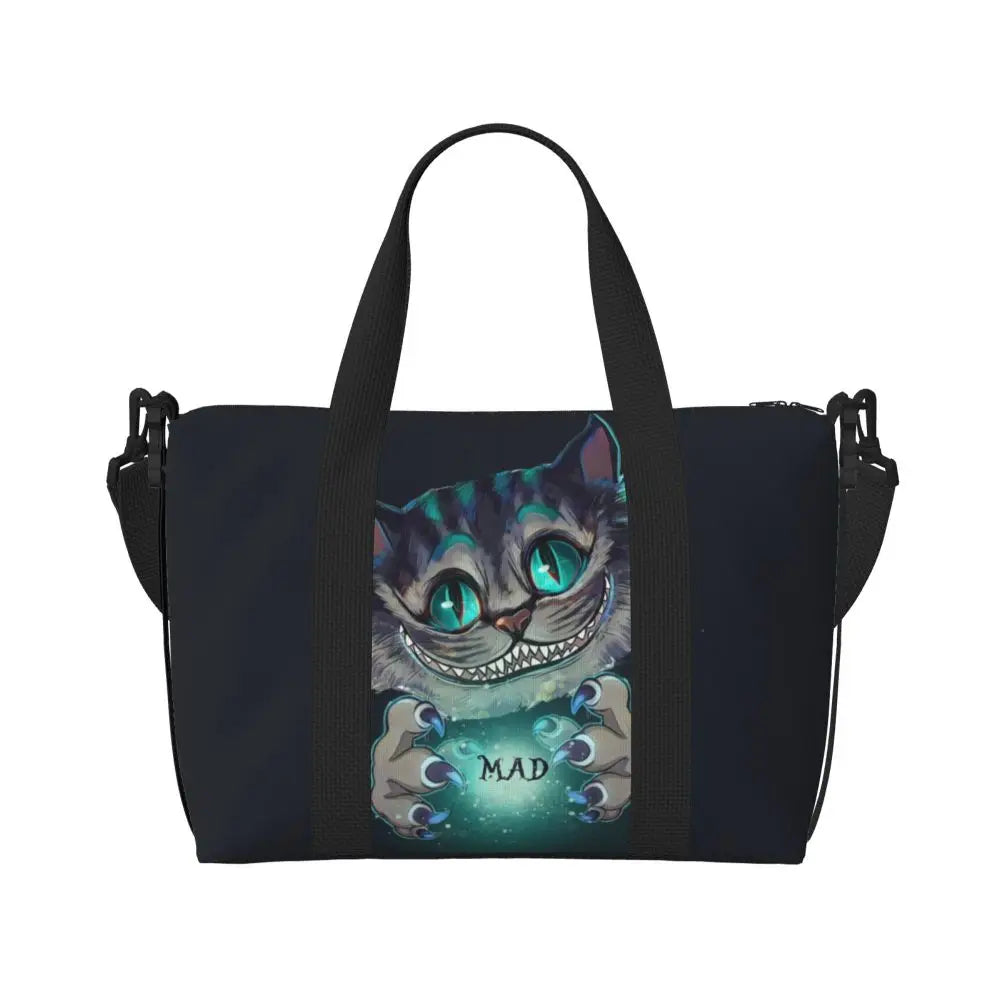 Geantă de plajă personalizată cu pisica Cheshire pentru femei, cu compartiment mare pentru sală și plajă, We're All Mad Here Cat