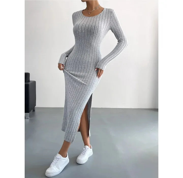 Damen Kleid 2025 - Casual Elegant Women Dresses Autumn Winter Long Sleeve Round Neck Split
