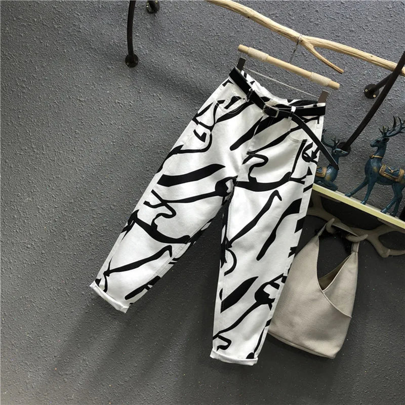 Damen Jeans 2025 - Streetwear Fashion Graffiti Print High Waist Washed Loose Straight