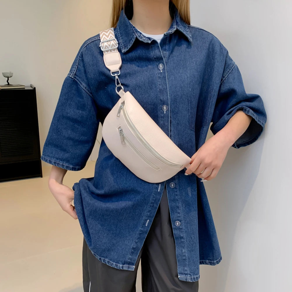 Women Stylish Crossbody Bag with Wide Strap Retro Fanny Pack PU Leather Simple Shoulder Bag Travel Outdoor Bag