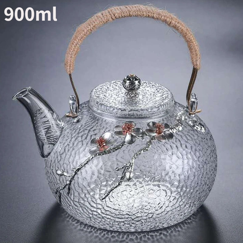 Japanese-style Hammer Pattern High Temperature Resistant Glass Tin Flower Copper Handle Beam Pot Teapot Glass Tea Set