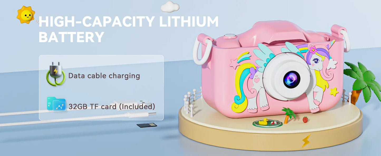 Kinder Mini Kamera Cartoon Einhorn Spielzeug Für Mädchen Jungen Geburtstag Geschenke 1080P HD 2 Zoll Bildschirm Mit Silikon Hülle Aufnahme Leben Kamera