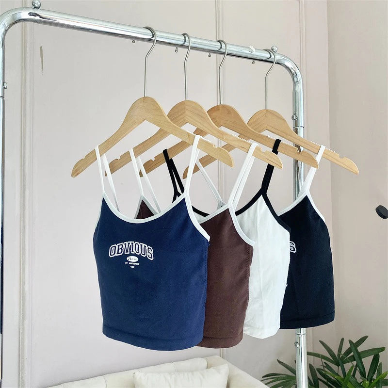 Femei topuri tanc cu burete sutien Crop topuri O-neck culoare solidă Crop topuri vară scrisoare imprimare spaghete camisol top edgy haine Y2k