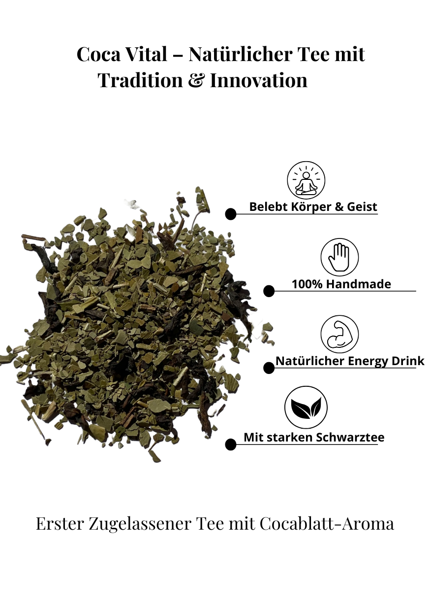 Ceai din frunze de coca Coca Vital Black Edition cu ceai negru - Conținut 100 g, Conținut mediu de cafeină, Dimensiuni ambalaj 9x6 cm