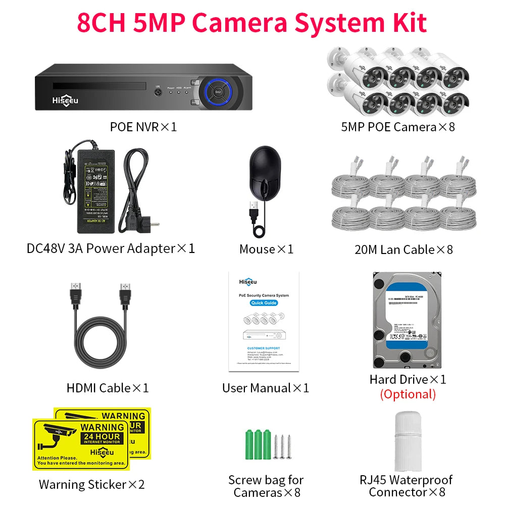 Sistem de supraveghere 2025: Hiseeu 5MP 3MP 8CH POE NVR Înregistrare video audio - Kit sistem de camere de supraveghere IP CCTV ONVIF Set pentru exterior, casă, colecție impermeabilă