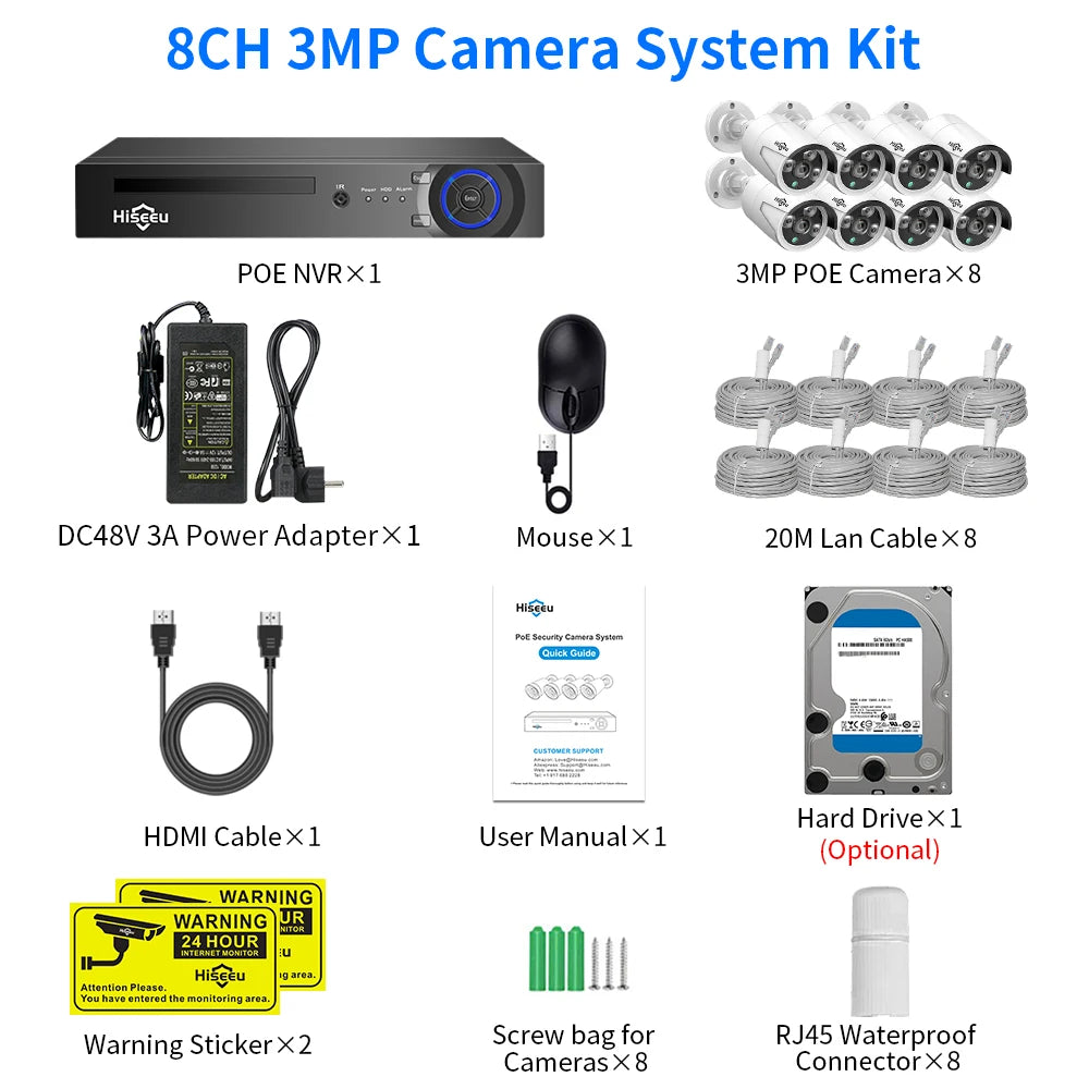 Sistem de supraveghere 2025: Hiseeu 5MP 3MP 8CH POE NVR Înregistrare video audio - Kit sistem de camere de supraveghere IP CCTV ONVIF Set pentru exterior, casă, colecție impermeabilă