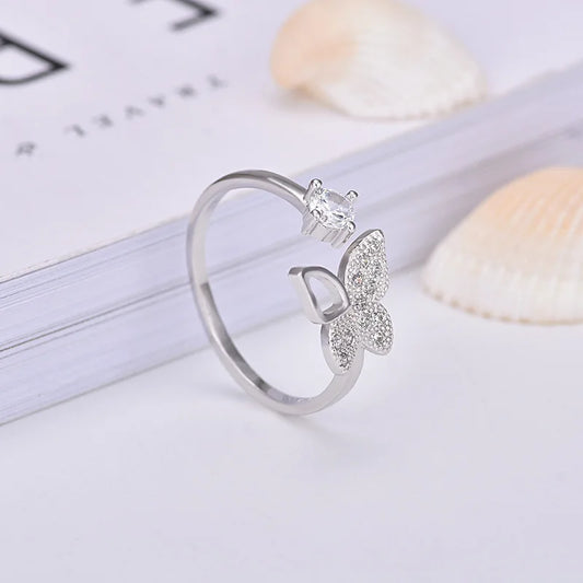 Buyee 925 Sterling Silber Süßer Ring - Niedlicher Schmetterling Weißer Zirkon - Offener Ring für Damen Mode Trend Feiner Schmuck