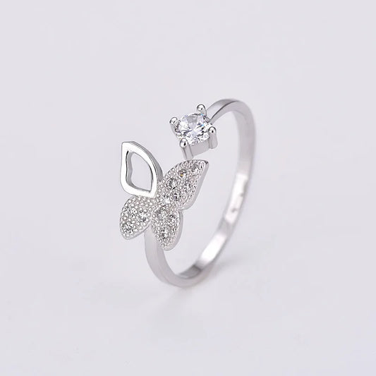 Buyee 925 Sterling Silver Sweet Ring Finger Cute Butterfly White Zircon Open Ring for Women Fashion Trend Fine Jewelry Circle