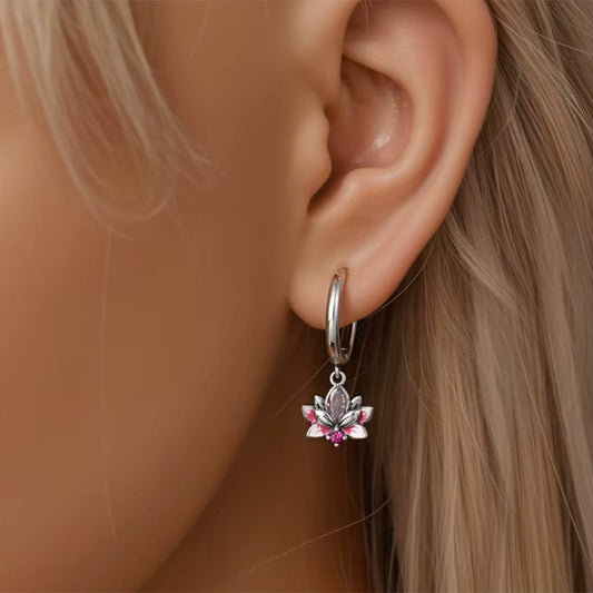 Cercei din argint 925, cercei rotunzi cu floare de lotus