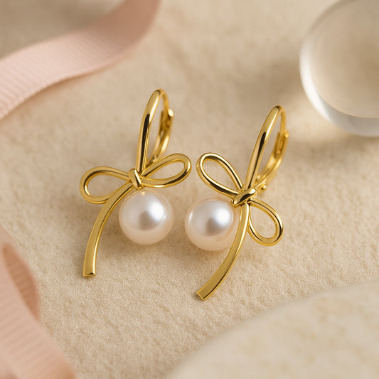 Cercei din argint 925, cercei rotunzi cu perlă și fundă