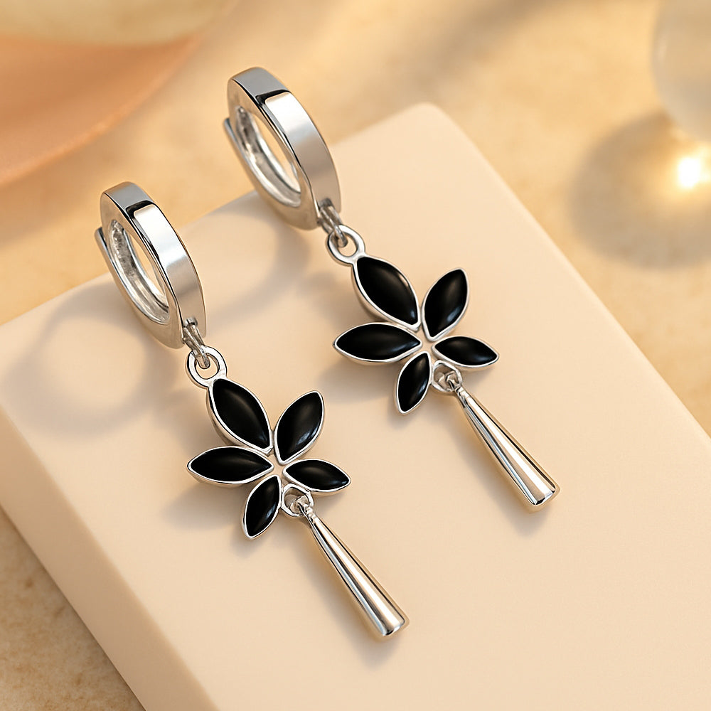 Cercei din argint 925, cercei rotunzi suspendați cu frunze negre