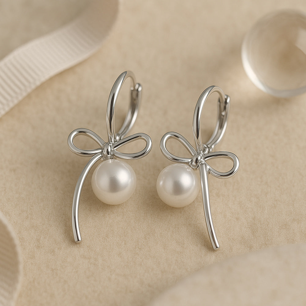 Cercei din argint 925, cercei rotunzi cu perlă și fundă