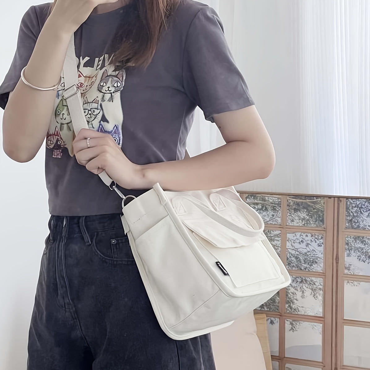 Geantă de umăr pentru femei, geantă de pânză cu buzunare multiple, geantă crossbody, geantă de mână coreeană pentru naveta