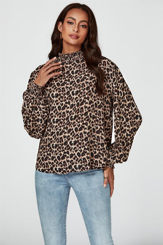 Leopard Print Long Sleeve High Neck Blouse In Brown