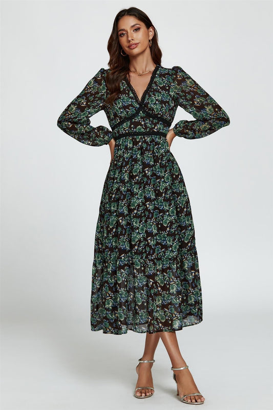 Floral Print Long Sleeve Midi Dress In Brown