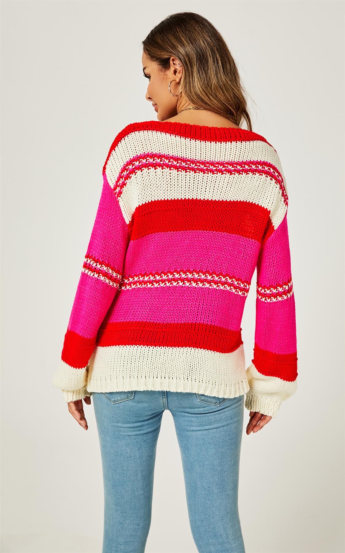 Stripe Block Colour Relaxed Knit Jumper Top In Cream & Pink