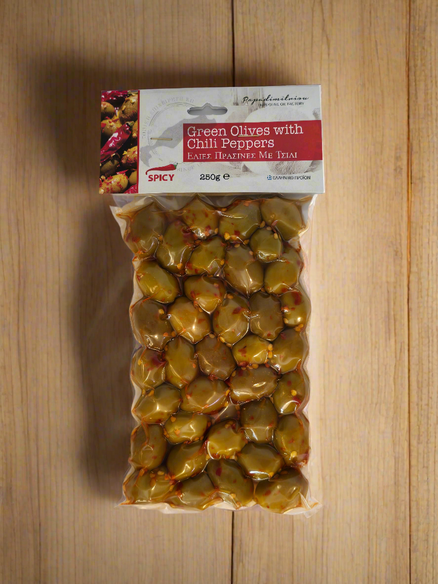 Măsline Roubier Premium Green Chili Ambalate în Vid - Capacitate 250 g Nivel de Căldură 2/5 Pahar Ø6 cm