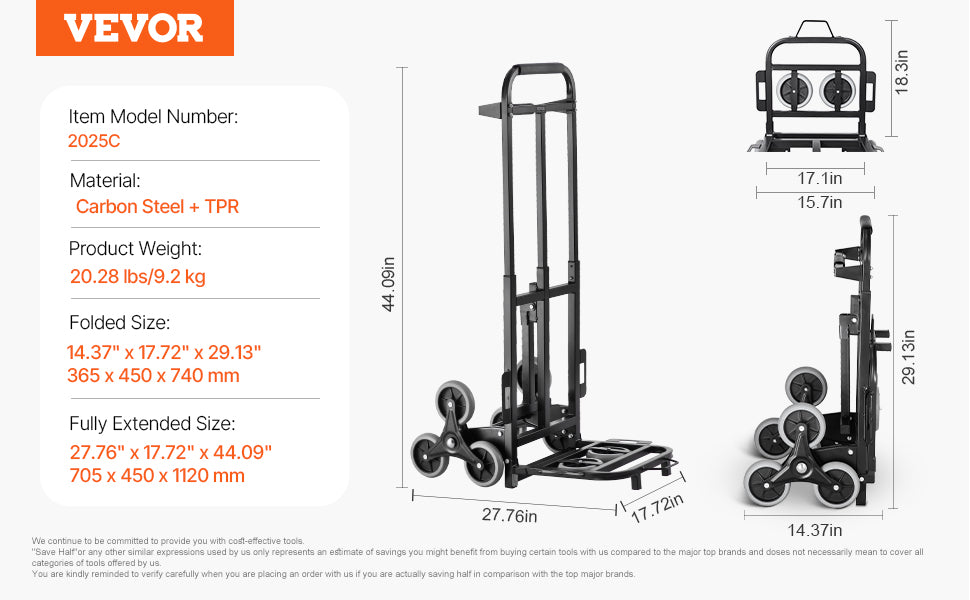 Treppenkarre 2025: VEVOR 460 lbs Treppensteiger Klappbare Sackkarre - 6 Räder & 2 Spanngurte für Einkauf Umzug Lager