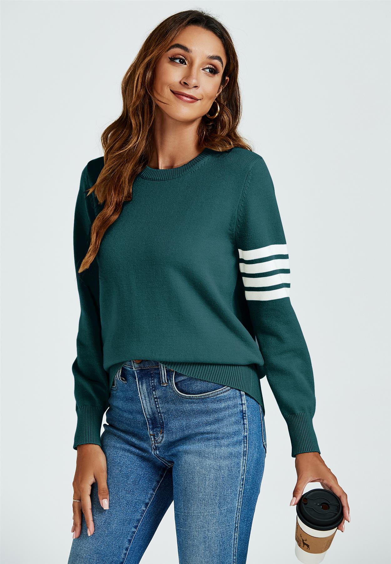 Stripe Pattern Jumper Top In Dark Green